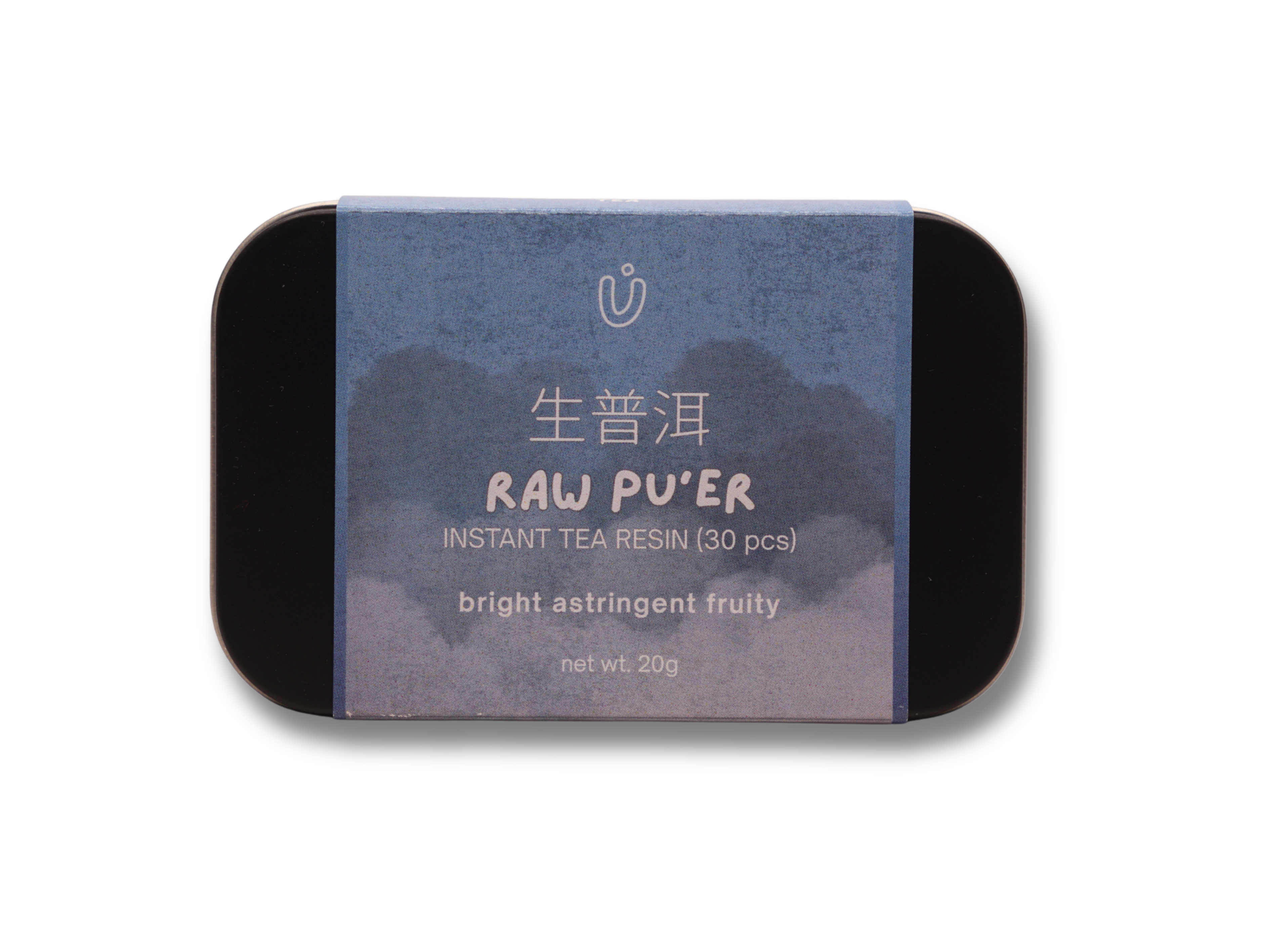 Tin of Raw Pu'er instant tea resin with blue label on a white background